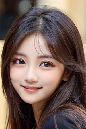 (Very beautiful cute girl:1.2), 
(very cute face:1.4),
(large eyes:1.2),
(clear-eyed:1.2),
small straight nose,
small mouth,
round face,
(v-line jaw:1),
Beautiful detailed eyes, 
Detailed double eyelids, 
(smiling:1.4)
