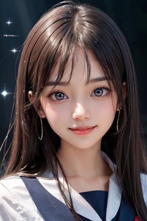 professional portrait ,
dark blue sailor school uniforms, 
super cute loli face, 
very beautiful cute girl,
(sparkling clear attractive large eyes:1.1), cheerful smile ,
8 yo, 
long straight hair, 
super smooth and very silky hair,
beautiful long see-through bangs,
detailed beautiful eyes,
realistic photgraph