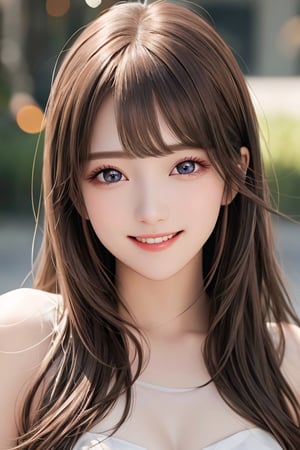 sparkling clear attractive large eyes, 
cheerful smile,
super pretty face,  
very beautiful pretty girl ,  
detailed beautiful eyes,
long  light brown hair,
super smooth  and very silky hair, 
beautiful clear double eyelids,
long see-through bangs,
(realistic photograph)