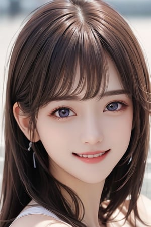 sparkling clear attractive large eyes, 
cheerful smile,
super hot face,  
very beautifu hot girl ,  
detailed beautiful eyes,
long  light brown hair,
super smooth  and very silky hair, 
beautiful clear double eyelids,
long see-through bangs,
(realistic photograph)