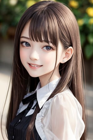 sparkling clear attractive eyes,
very cute face,  
very beautiful loli girl, 
cheerful smile, 
maid costume,
12 yo,
 long straight light brown hair,
super smooth and very silky hair, 
super white fair skin,
long see-through bangs,
professional portrait,
(realistic photograph:1.1)
