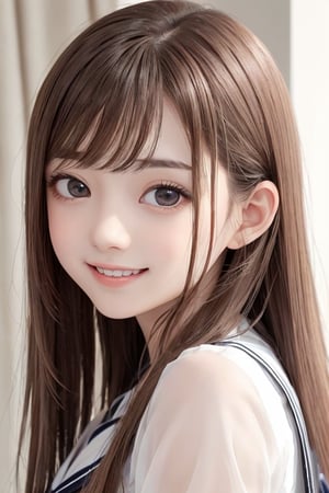 sparkling clear attractive eyes,
very cute face,  
very beautiful loli girl, 
cheerful smile, 
sailor uniforms,
19 yo,
 long straight light brown hair,
super smooth and very silky hair, 
super white fair skin,
long see-through bangs,
