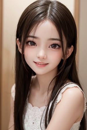 (Very beautiful loli young girl:1.2),
(loli face:1.3),
(large eyes:1.2), (clear-eyed), small straight nose, small mouth, (v-line jaw:1.1), Beautiful detailed eyes, Detailed double eyelids, Long straight brown hair, see-through bangs, beautiful detailed face, drooping eyes, (Fair skin: 1.3),(13 yo:1.2),(smiling)