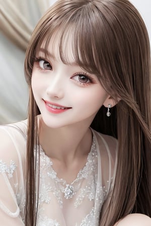 
sparkling clear attractive large eyes, 
cheerful smile,
very pretty face,  
very beautiful loli girl,  

very long straight light brown hair,
super smooth  and very silky hair, 
super white fair skin,
long see-through bangs