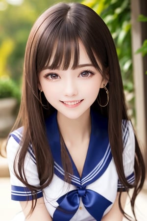 (sparkling clear attractive glowing eyes:1), 
very cute face,  
very beautiful cute girl, 
cheerful smile, 
sailor uniforms,
16 yo,
 long straight hair,
super smooth and very silky hair, 
super white fair skin,
long see-through bangs,
