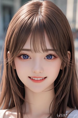 sparkling clear attractive large eyes, 
cheerful smile,
super beautiful face,  
very beautifu girl ,  
detailed beautiful eyes,
long  light brown hair,
super smooth  and very silky hair, 
beautiful clear double eyelids,
long see-through bangs,
(realistic photograph)