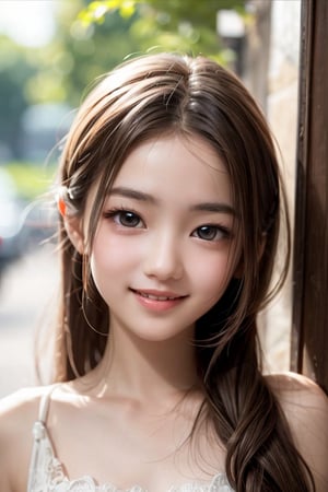 Angelic Very beautiful cute girl, 
(very pretty cute girl:1.2),
(large eyes:1.3),
(clear-eyed:1.2),
small straight nose,
small mouth,
round face,
(v-line jaw:1.1),
Beautiful detailed eyes, 
Detailed double eyelids, 
(smiling:1.2),
(14 yo:1.1)
