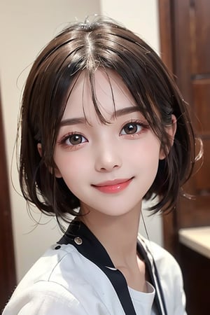 Very beautiful cute girl,
(very cute face:1.1),
(large eyes:1.1),
(clear-eyed:1.1),
small straight nose,
small mouth,
round face,
(v-line jaw:1),
Beautiful detailed eyes, 
Detailed double eyelids, 
(smiling:1.3)
,masterpiece, best quality