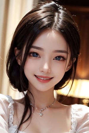 (Very beautiful pretty girl:1.2), 
(very pretty face:1.2),
(large eyes:1),
(clear-eyed:1.2),
small straight nose,
small mouth,
round face,
(v-line jaw:1),
Beautiful detailed eyes, 
Detailed double eyelids, 
(smiling:1.4)
