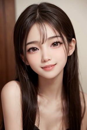 (Very beautiful loli young girl:1.2),
(loli face:1.3),
(large eyes:1.2), (clear-eyed), small straight nose, small mouth, (v-line jaw:1.1), Beautiful detailed eyes, Detailed double eyelids, Long straight brown hair, see-through bangs, beautiful detailed face, drooping eyes, (Fair skin: 1.3),(16 yo:1.2),(smiling)