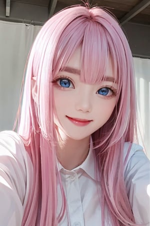 
sparkling clear attractive light blue eyes, 
cheerful, 
super cute face,  
very beautiful cute girl,  

deep pink very long straight hair,
super smooth and very silky pink hair, 
super white fair skin,
long see-through bangs over the eyes,
detailed beautiful eyes,
pink eyebrows 