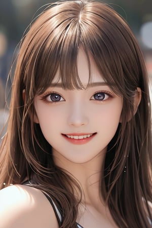 sparkling clear attractive large eyes, 
cheerful smile,
super gorgeous face,  
very beautifu gorgeous girl ,  
detailed beautiful eyes,
long  light brown hair,
super smooth  and very silky hair, 
beautiful clear double eyelids,
long see-through bangs,
(realistic photograph)