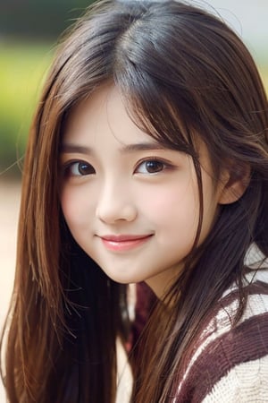 (Very beautiful cute young girl:1.2), 
(bery cute face:1.4),
(large eyes:1.2),
(clear-eyed:1.2),
small straight nose,
small mouth,
round face,
(v-line jaw:1),
Beautiful detailed eyes, 
Detailed double eyelids, 
(smiling:1.3)
