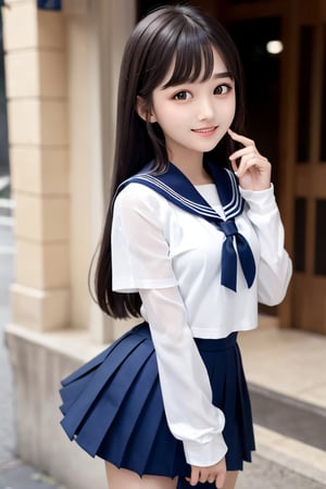 sparkling clear attractive glowing eyes, 
cheerful smile, 
very cute loli face,  
very beautiful cute girl,  
sailor high school uniforms,
15 yo,
 long straight hair,
super smooth and very silky hair, 
super white fair skin,
long see-through bangs,
navy blue pleated skirt