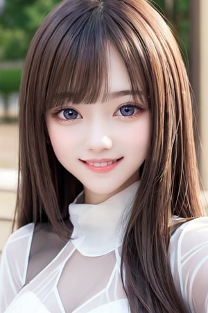 
sparkling clear attractive large eyes, 
cheerful smile,
very cute loli face,  
very beautiful cute girl,  

very long straight light brown hair,
super smooth  and very silky hair, 
super white fair skin,
long see-through bangs