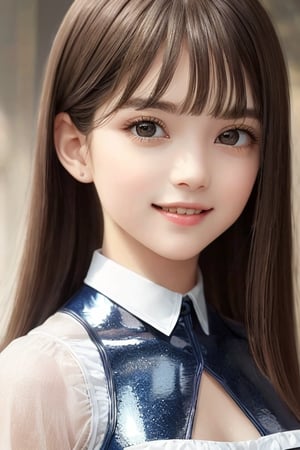 sparkling clear attractive eyes,
very cute face,  
very beautiful loli girl, 
cheerful smile, 
shiny blue maid costume,
13 yo,
 long straight light brown hair,
super smooth and very silky hair, 
super white fair skin,
long see-through bangs,
professional portrait,
(realistic photograph:1.1)
