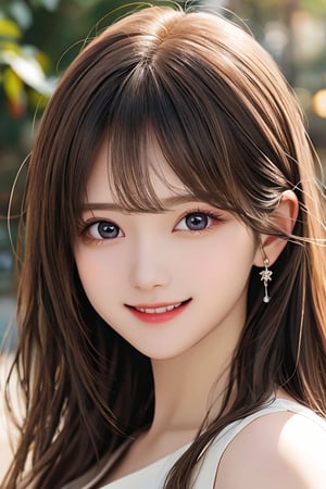 sparkling clear attractive large eyes, 
cheerful smile,
super cute face,  
very beautifu cute girl ,  
detailed beautiful eyes,
long  light brown hair,
super smooth  and very silky hair, 
beautiful clear double eyelids,
long see-through bangs,
(realistic photograph)