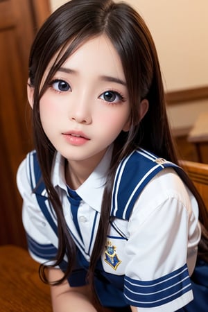 
Angelic Very beautiful cute girl, 
(very pretty cute girl:1.2),
(large eyes:1.4),
(clear-eyed:1.2),
small straight nose,
small mouth,
(v-line jaw:1.1),
Beautiful detailed eyes, 
Detailed double eyelids, 
Long straight brown hair, 
see-through bangs, 
beautiful detailed face, 
drooping eyes, 
(Fair skin: 1.3),
break 
(dark blue sailor high school uniform:1.4)