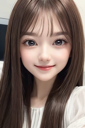 
sparkling clear attractive large eyes, 
cheerful smile,
very cute loli face,  
very beautiful cute girl,  

very long straight light brown hair,
super smooth  and very silky hair, 
super white fair skin,
long see-through bangs