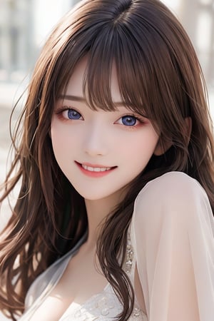 sparkling clear attractive large eyes, 
cheerful smile,
super beautiful face,  
very beautifu girl ,  
detailed beautiful eyes,
long  light brown hair,
super smooth  and very silky hair, 
beautiful clear double eyelids,
long see-through bangs,
(realistic photograph)