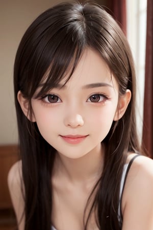 (Very beautiful loli young girl:1.2),
(loli face:1.2),
(large eyes:1.2), (clear-eyed), small straight nose, small mouth, (v-line jaw:1.1), Beautiful detailed eyes, Detailed double eyelids, Long straight brown hair, see-through bangs, beautiful detailed face, drooping eyes, (Fair skin: 1.3),(10 yo:1.2),(smiling)