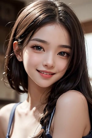 Very beautiful cute girl,
very cute face,
(large eyes:1.1),
(clear-eyed:1.1),
small straight nose,
small mouth,
round face,
(v-line jaw:1),
Beautiful detailed eyes, 
Detailed double eyelids, 
(smiling:1.2)
,masterpiece, best quality
