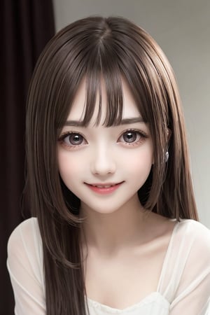 
sparkling clear attractive large eyes, 
cheerful smile,
very  loli face,  
very beautiful loli girl,  

very long straight light brown hair,
super smooth  and very silky hair, 
super white fair skin,
long see-through bangs