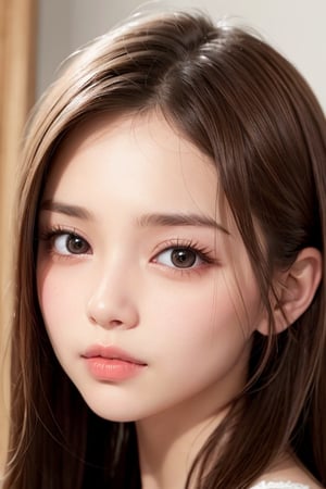 (Very beautiful cute young girl:1.2), (large eyes), (clear-eyed), small straight nose, small mouth, (v-line jaw:1.1), Beautiful detailed eyes, Detailed double eyelids, Long straight brown hair, see-through bangs, beautiful detailed face, drooping eyes, (Fair skin: 1.3), 
Cutting-edge fashion coordination of designer brands