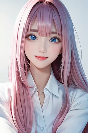 
sparkling clear attractive light blue eyes, 
cheerful, 
super cute face,  
very beautiful cute girl,  

deep pink very long straight hair,
super smooth and very silky pink hair, 
super white fair skin,
long see-through bangs over the eyes,
detailed beautiful eyes,
pink eyebrows 