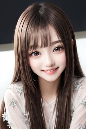 
sparkling clear attractive large eyes, 
cheerful smile,
very cute face,  
very beautiful loli girl,  

very long straight light brown hair,
super smooth  and very silky hair, 
super white fair skin,
long see-through bangs