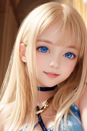 sparkling clear attractive blue eyes, 
cheerful, 
very cute loli face,  
very beautiful cute girl,  
11 yo,
very long gold straight hair,
super smooth  and very silky gold hair, 
super white fair skin,
long see-through bangs