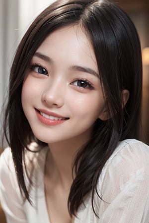 (Very beautiful pretty girl:1.2), 
(very pretty face:1.2),
(large eyes:1),
(clear-eyed:1.2),
small straight nose,
small mouth,
round face,
(v-line jaw:1),
Beautiful detailed eyes, 
Detailed double eyelids, 
(smiling:1.4)
,1 girl 