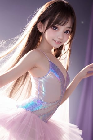 super loli face, 
very beautiful loli girl,
(glowing clear attractive large eyes:1.1), 
cheerful smile,
12 yo, 
costume tutu for ballet,
Super Shiny white transparent holographic tutu,
long straight hair, 
super smooth and very silky hair,
beautiful long see-through bangs,
detailed beautiful eyes,
realistic photgraph,
best quality