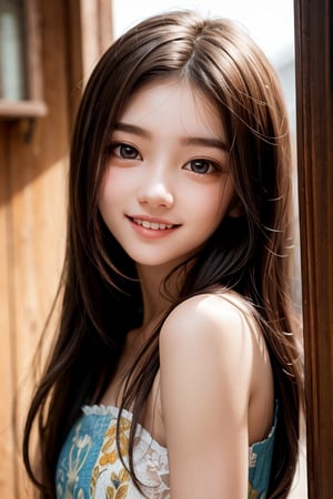 Angelic Very beautiful cute girl, 
(very pretty cute girl:1.2),
(large eyes:1.3),
(clear-eyed:1.2),
small straight nose,
small mouth,
round face,
(v-line jaw:1.1),
Beautiful detailed eyes, 
Detailed double eyelids, 
(smiling:1.2),
(14 yo:1.1)
