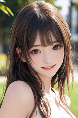 sparkling clear attractive large eyes, 
cheerful smile,
super loli face,  
very beautiful loli girl ,  

detailed beautiful eyes,
 light brown hair,
super smooth  and very silky hair, 
beautiful clear double eyelids,
long see-through bangs,
(realistic photograph)