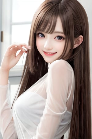 
sparkling clear attractive large eyes, 
cheerful smile,
very cute loli face,  
very beautiful cute girl,  

very long straight light brown hair,
super smooth  and very silky hair, 
super white fair skin,
long see-through bangs