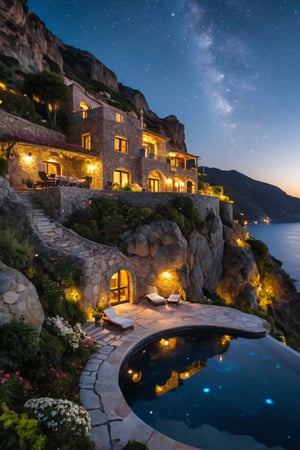 A villa next to a mountain wall, by the sea, with a flower garden, a wine bar, a small pool with big rocks, a starry night sky