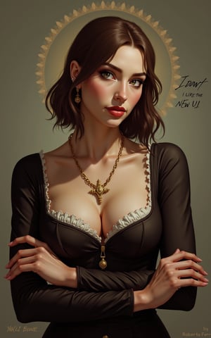 A female character with the \m/ gesture by Roberto Ferri
A character. with a text that says: "I DONT LIKE THE NEW UI"

Style:  Renaissance Style