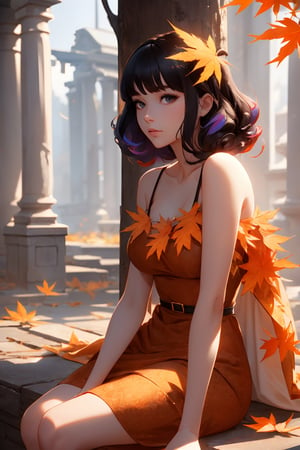 best quality, 4K, masterpiece, 8K, 1 girl, solo, alone, ultra quality, sfw, perfect hands, detailed, very detailed, perfect head, perfect light, perfect eyes, purple hair, 30 years old, tall girl, more detail, orange hair, black hair, multicoloured hair, curls, middle hair, voluminous hair, black eyes, maple girl, SharpEyess, two large maple leaf hair clips, hair ribbons, brown dress, orange dress, fluffy dress with maple leaves, cutout on the side of the dress, straps, multicoloured dress, bare shoulders, sitting, autumn, ancient maple tree on background, stone tiles, ruin, side view, looking at viewer