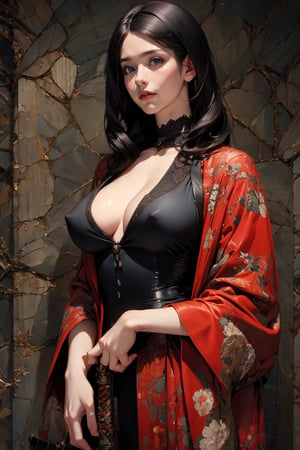 (masterpiece, best quality, hires, high resolution:1.2), (extremely detailed, intricate details, highres), ((realistic)), vivi color, 3d, cg, nsfw, woman, japanese, kimono, (open_shirt, unbuttoned, exposed_breasts, sagging_breasts, black_hair, blunt_bangs, abserdly long and straight_hair, monolid), nipples, (brutalist style:1.6), heavy steampunk armor, (ninja, samurai, katana, bare_chest), confident, muscular, abs, shiny_skin, light_skin, (nice hands,nice fingers), better_hands, holding sword, science fiction, (cinematic lighting, volumetric), looking at viewer, eye-level shot, (close_up:1.1), vintage fantasy, 1960s \(style\), film grain, (atompunkstylesd15:1.0), seductive_pose, dark red kimono, chrysanthemum floral décoration, dark forest, (dark + gothic, + foreboding background:1.4)