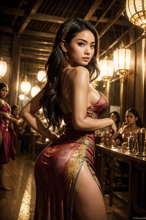 high resolution, Masterpiece, Best Quality, ((Hasselblad photo)), Sharp focus, (Cinematic lighting), Soft lighting, Dynamic Angle, Mature Indonesian woman, (Wearing a Indonesia dance dress:1.2), carnival, Indonesia dress, fine detailed skin, Very long wavy black hair, Highly detailed hair, high heels,large full breasts, narrow waist, big size ass, bare belly,sparkly skin,exotic, sexy, erotic,  intriciate detail, ((Cinematic light)), ((batik)), Indonesia, carnival, Colors, 8K,ChristieSamba,leonardo, female bystanders,cyberpunk,Indonesian,girl