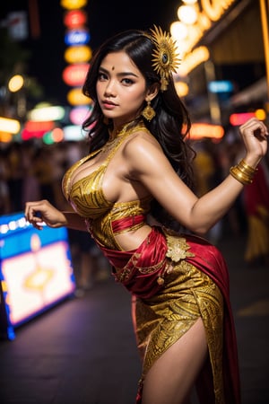 high resolution, Masterpiece, Best Quality, ((Hasselblad photo)), Sharp focus, (Cinematic lighting), Soft lighting, Dynamic Angle, Mature Indonesian woman, (Wearing a Indonesia dance dress:1.2), carnival, Indonesia dress, fine detailed skin, Very long wavy black hair, Highly detailed hair, high heels,large full breasts, narrow waist, big size ass, bare belly,sparkly skin,exotic, sexy, erotic,  intriciate detail, ((Cinematic light)), ((batik)), Indonesia, carnival, Colors, 8K,ChristieSamba,leonardo, female bystanders