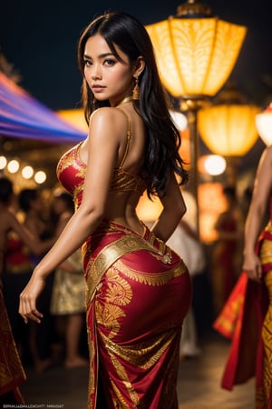 high resolution, Masterpiece, Best Quality, ((Hasselblad photo)), Sharp focus, (Cinematic lighting), Soft lighting, Dynamic Angle, Mature Indonesian woman, (Wearing a Indonesia dance dress:1.2), carnival, Indonesia dress, fine detailed skin, Very long wavy black hair, Highly detailed hair, high heels,large full breasts, narrow waist, big size ass, bare belly,sparkly skin,exotic, sexy, erotic,  intriciate detail, ((Cinematic light)), ((batik)), Indonesia, carnival, Colors, 8K,ChristieSamba,leonardo, female bystanders