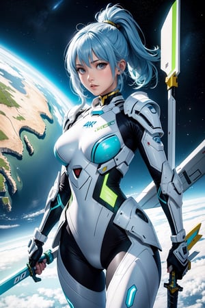 4K,hight resolution,One Asian Woman, light blue hair,ponytail, Green eyes,Colossal ,White Cybersuit,Bodysuits, (holding Longsword), spaceship at the background in the space,Axe