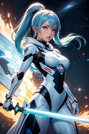 4K,hight resolution,One Asian Woman, light blue hair,poneyTail.Green eyes,Colossal ,White Cybersuit,Bodysuits, (holding Longsword), spaceship at the background in the space,Axe