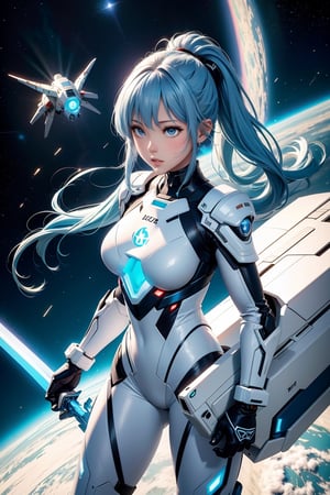 4K,hight resolution,One Asian Woman, light blue hair,poneyTail.Green eyes,Colossal ,White Cybersuit,Bodysuits, (holding Longsword), spaceship at the background in the space,Axe