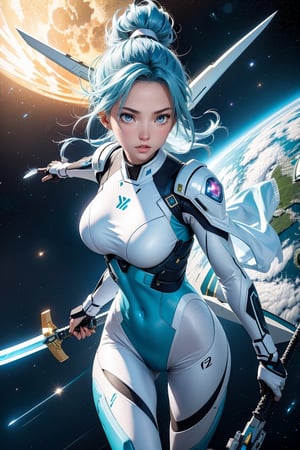 4K,hight resolution,One Asian Woman, light blue hair,ponytail, Green eyes,Colossal ,White Cybersuit,Bodysuits, (holding Longsword), spaceship at the background in the space,Axe