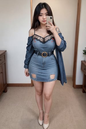 woman, full body, looking at viewer, brown eyes, black hair, long-hair, tattoos, standing , legs spread, denim dress, embroidery and lace, simple background thicc thighs, full_body view realistic photos of (1 cute Korean star) Shoulder-length hair, thin makeup, selfie, clear facial features of Canon EOS, 8K high resolution, sharp and realistic details. Korean girl, full body, looking at viewer, 