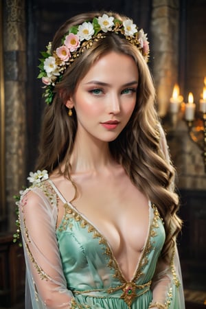 Sensual Medieval Wallachian Princess, Long Light brown hair, light pink lips, green eyes, Wearing wears an FLOWER headdress adorned with gold accents and pearls. LOW-CUT, FLOWER PATTERN. Gold embroidery and gemstones create a sense of luxury. The fabric drapes elegantly, suggesting a flowing robe or gown. The overall color palette—rich golds and glowing whites.  Flower Applique Beautiful Evening Dress .,Standing , next to a fire place, Gothick Atmosphere, (dynamic pose, random pose, modeling:1.4)., (((Midnight Rainy Transylvanian Castle interior background))), sensual, beautiful, mesmerizing, concept art, highly detailed, inspired by Video game concept art, trending, Extremely Realistic, 8K Kodak Golden shot,
{ (smile:1.3)  } , perfect long legs, wearing strappy high heels. 
 

 ,Asia, ,more detail XL,LinkGirl,Long Legs and Hot Body