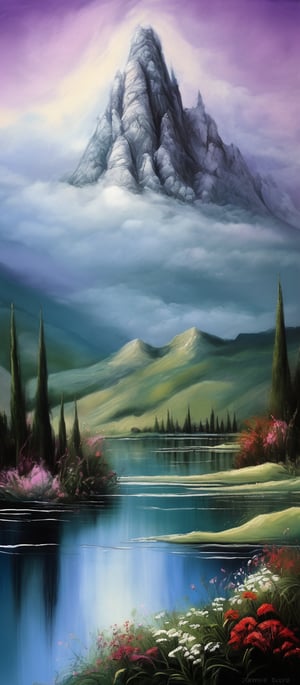 Craft an evocative portrayal of a majestic mountain vista employing the alcohol painting technique in fine art oil painting. { SUMMER, cear blue sky with white cloud,misty green trees, purple ,pink, red, , white  small daisy flowers around  VALLEY LAKE, }  The composition should immerse viewers in a close-up encounter with the rugged terrain, suffused with surreal elements and devoid of any framing. Title the piece "To be, or not to be: that is the question." Embrace the visionary spirit reminiscent of Remedios Varo, infusing the landscape with imaginative and dreamlike qualities.